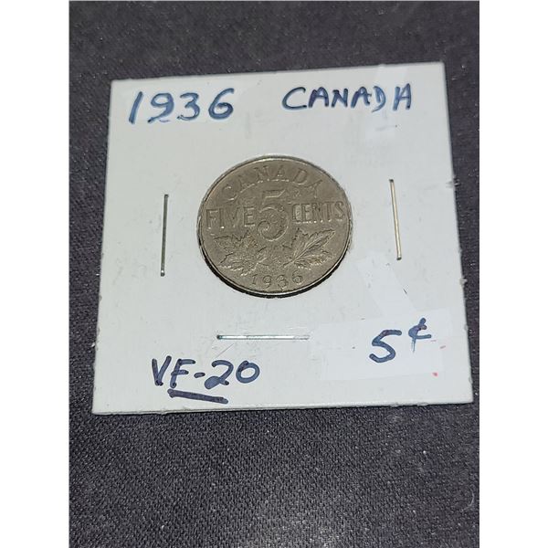 1936 Canada King George V 5 Cent Coin