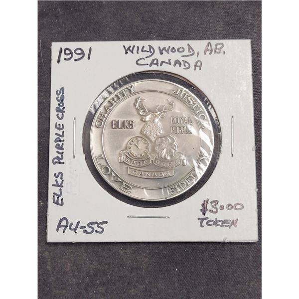 1991 Canada Wildwood (Ab) Elks Purple Cross $3.00 Token
