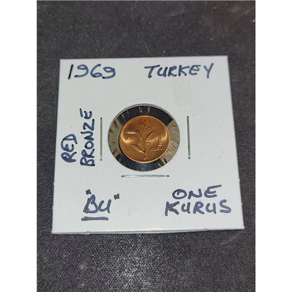 1969 Turkey One Kurus Red Bronze Coin