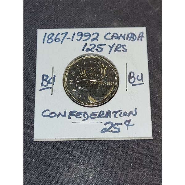 1992 Canada Queen Elizabeth Il 125 Years Confederation 25 Cent Coin
