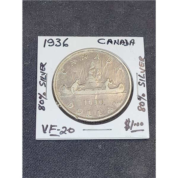 1936 Canada  King George V $1.00  80% Silver Coin