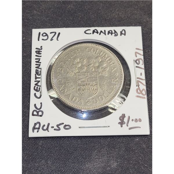 1971 Canada Queen Elizabeth Il British Columbia Centennial $1.00 Coin