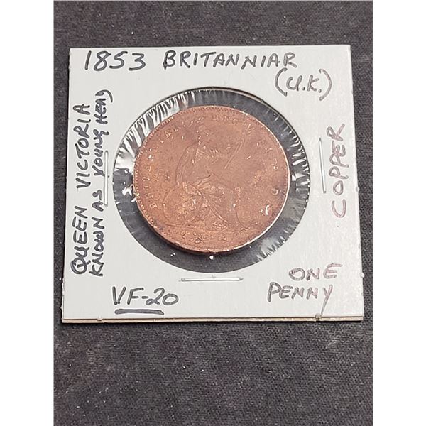 1853 Uk (Britannia) Queen Victoria (Known As Young Head) One Penny Coin