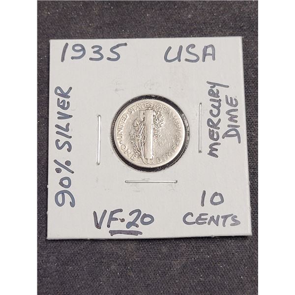 1935  USA Mercury 10 Cent 90% Silver Coin