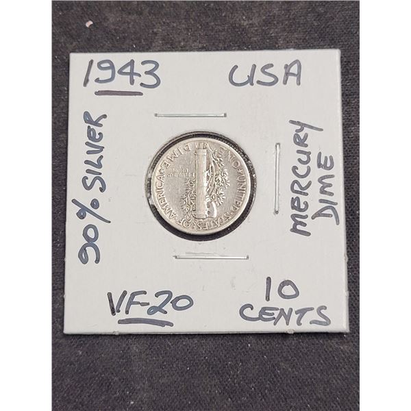 1943  USA Mercury 10 Cent 90% Silver Coin