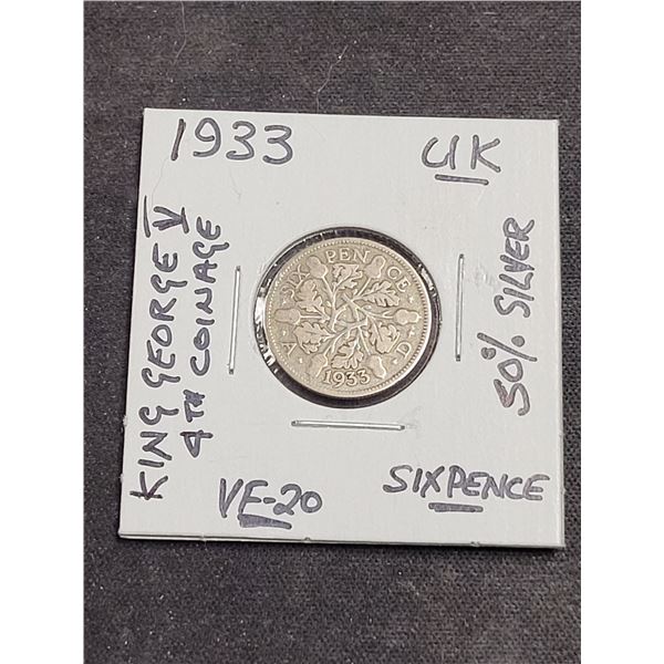 1933  United Kingdom King George V Sixpence 50% Silver Coin