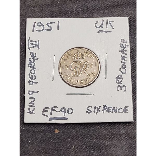 1951  United Kingdom King George Vl Sixpence Coin