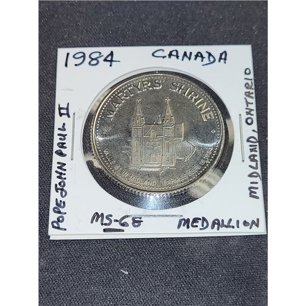 1984  Canada  Visit John Paul Il Midland Ontario $1.00 Medallion