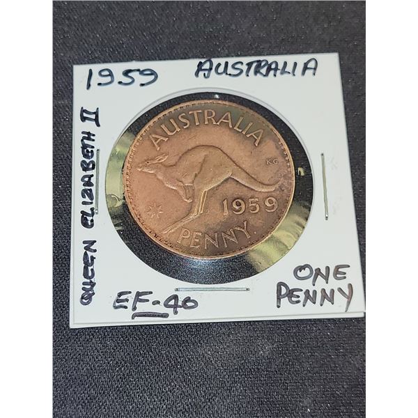 1959  Australia Queen Elizabeth One Penny Coin