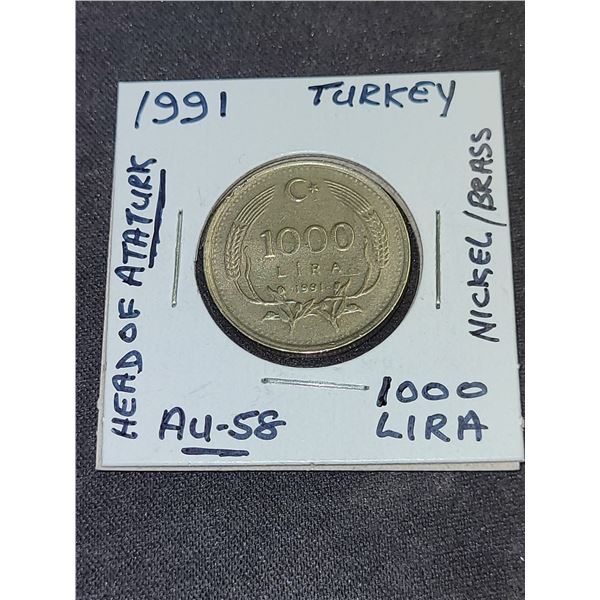 1991  Turkey Head Of Ataturk (Nickel/Brass) 1000 IIra Coin
