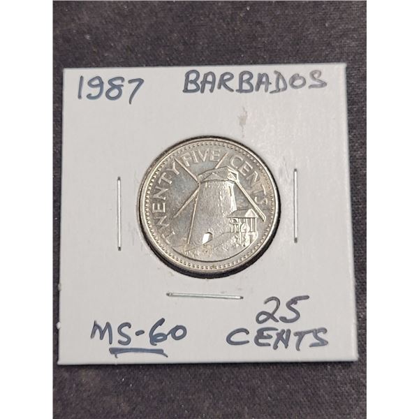 1987  Barbados 25 Cent Coin