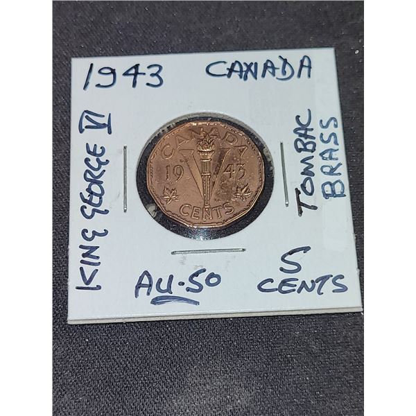 1943  Canada King George Vl Tombac (Brass) 5 Cent Coin