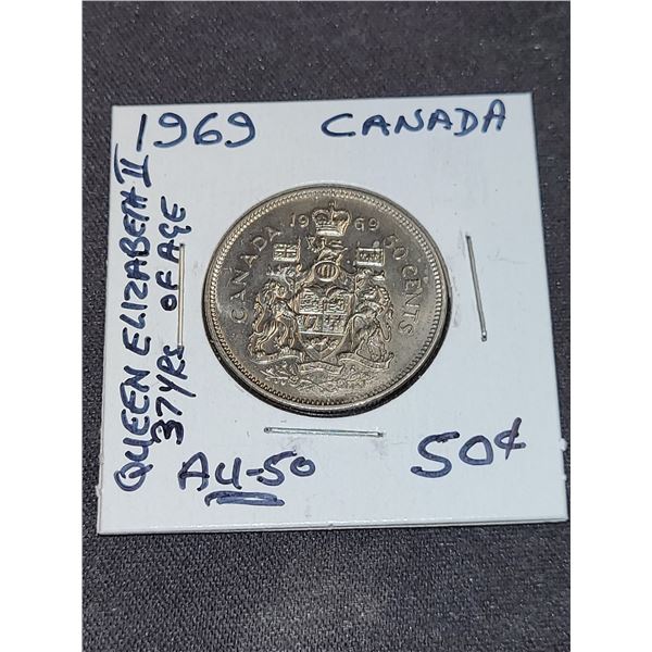 1969  Canada Queen Elizabeth Il (37 Yrs. Of Age) 50 Cent Coin