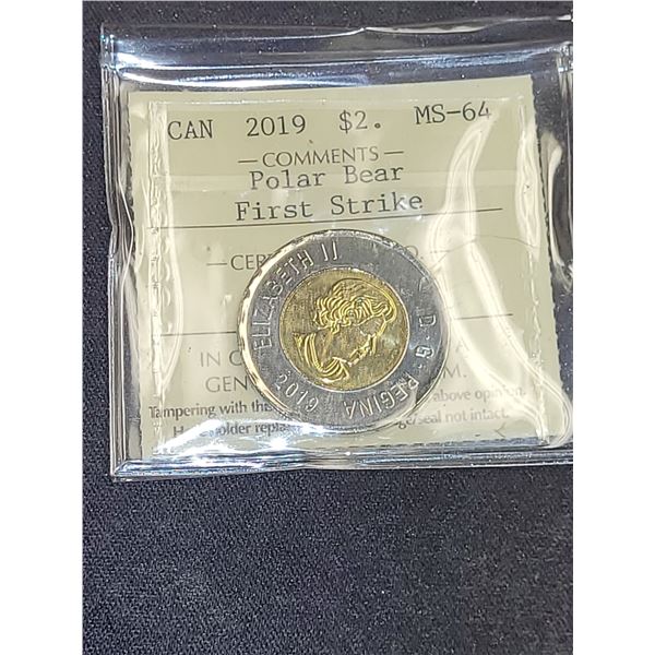 2019  Canada Queen Elizabeth Il Polar Bear First Strike Two Dollar Coin