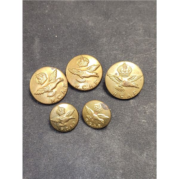Lot of 5 Royal Canadian Air Force King Crowns Brass Officer's Buttons (2 diffrent sizes) (Made in Mo
