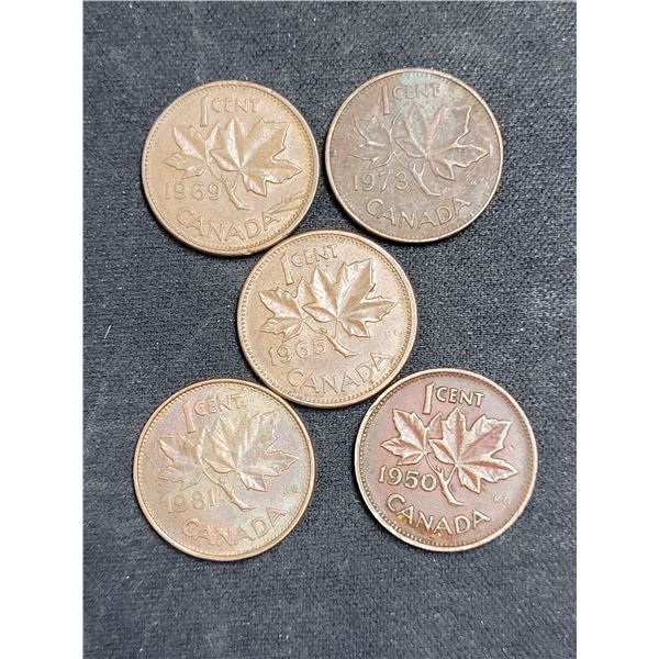 Lot of 5 Canada Pennies - Dates; 1969, 1973, 1965, 1981, 1950 Coins