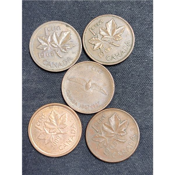 Lot of 5 Canada Pennies - Dates; 1968, 1964, 1967, 2009, 1965 Coins