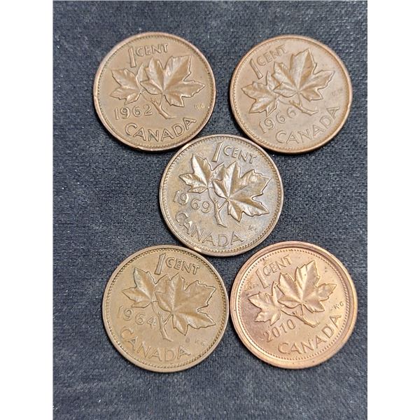 Lot of 5 Canada Pennies - Dates; 1962, 1966, 1969, 1964, 2010 Coins