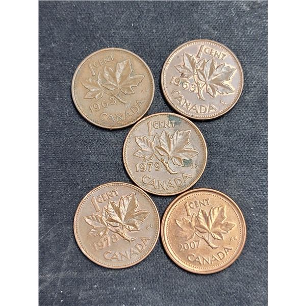 Lot of 5 Canada Pennies - Dates; 1963, 1963, 1979, 1978, 2007 Coins