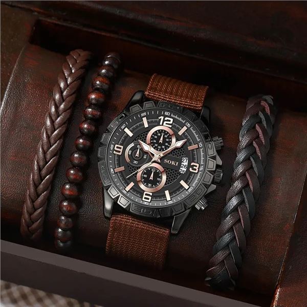 NEW 4 PC BROWN WATCH SET WITH DATE IN BOX
