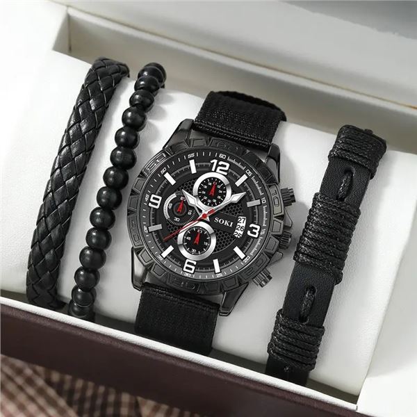 NEW 4 PC BLACK WATCH SET WITH DATE IN BOX