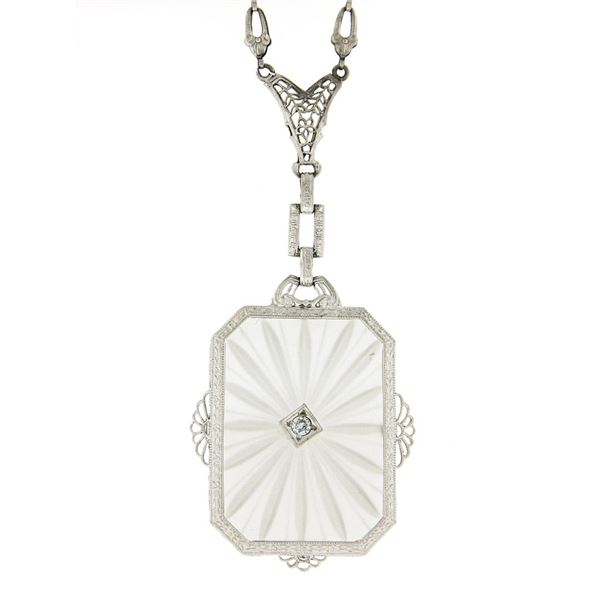 Antique Art Deco 14K Gold Large Camphor Glass Diamond Filigree Pendant Necklace
