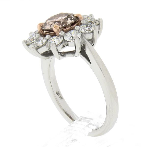 Platinum & 18k Gold GIA Fancy Pinkish Brown Diamond Flower Halo Engagement Ring