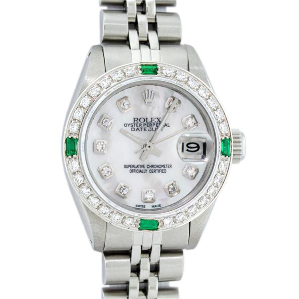 Rolex Ladies Quickset Stainless Steel White Diamond And Emerald 26MM Datejust Wr