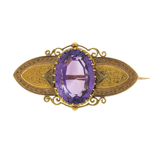 Antique Victorian 18k Gold 13.50 ctw Oval Amethyst w/ Hand Engraved Brooch Pin