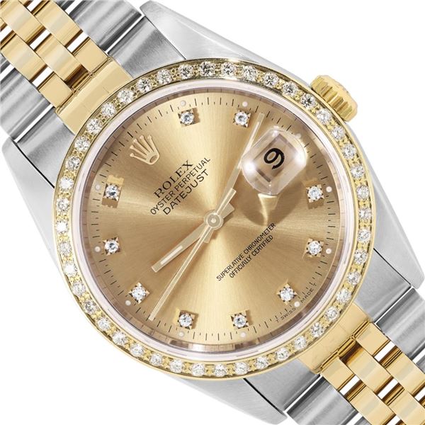 Rolex Mens Two Tone Sapphire Factory Champagne Diamond Dial Fluted Bezel Datejus