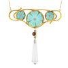 Image 2 : Antique Arts & Crafts 18K Gold Flower Carved Turquoise Crystal Dangle Necklace