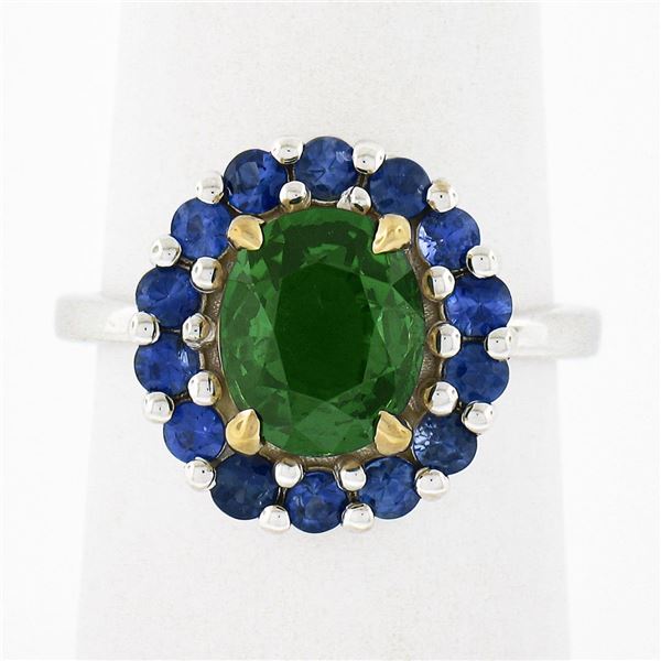 18k TT Gold 2.83 ctw GIA Oval Green Tsavorite & Round Sapphire Halo Cocktail Rin
