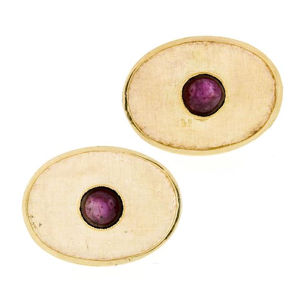 Vintage Men's 14K Yellow Gold Star Ruby Florentine Finish Large Oval Cufflinks