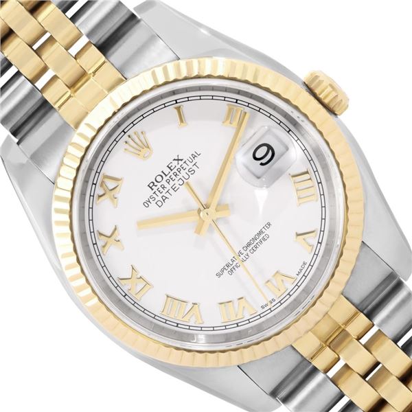 Rolex Mens Two Tone Sapphire Quickset White Roman Dial Datejust With Rolex Box