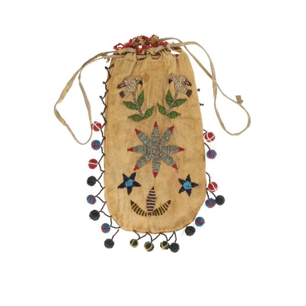 19th C. Apache Tobacco Bag Rare Beaded Ball Drops