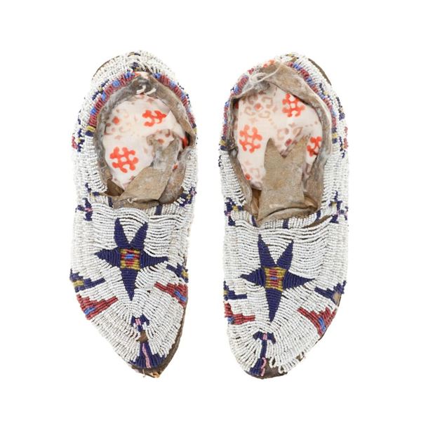 19th C. Cheyenne Beaded Hard Sole Moccasins