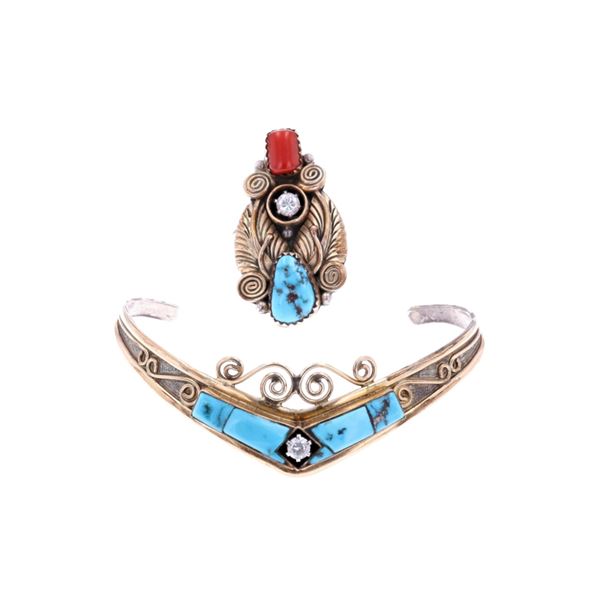 Navajo Silver 12k GF Inlaid Turquoise & CZ Jewelry