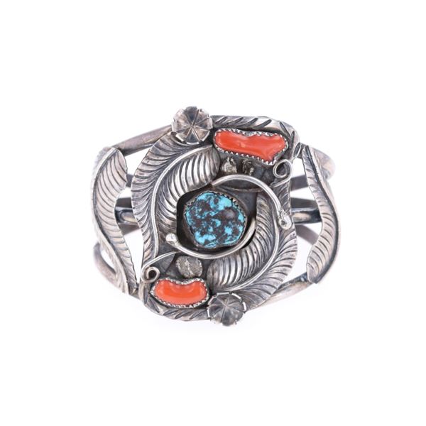 Navajo Silver Turquoise Red Branch Coral Bracelet