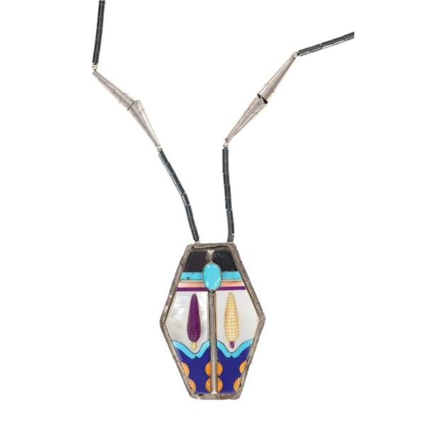Zuni Sterling Silver Inlaid Corn Effigy Necklace
