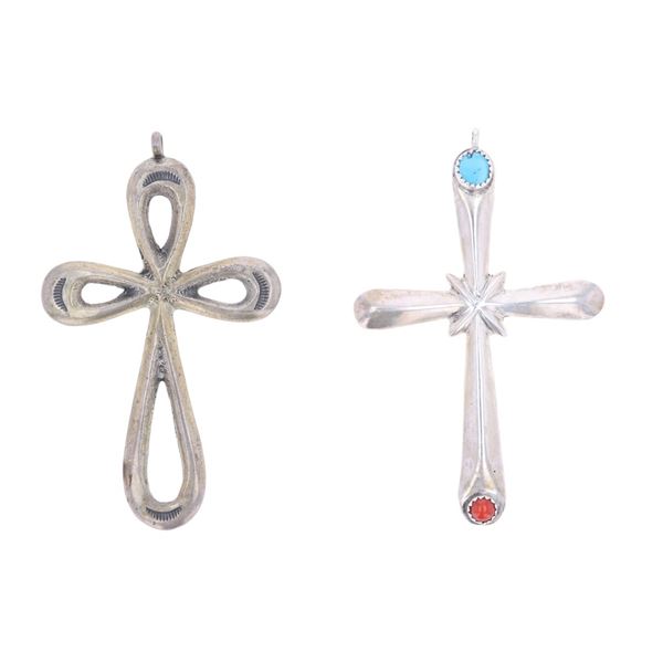 Navajo Silver, Turquoise, Red Branch Coral Crosses