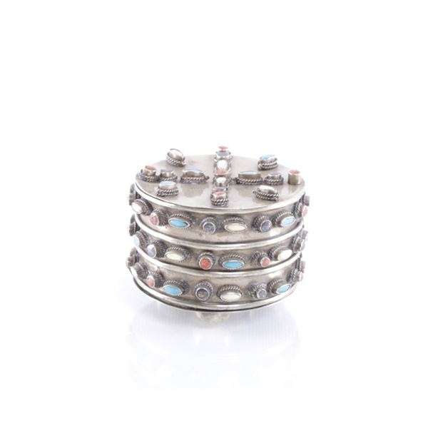 Tibetan Nickel Silver Multistone Trinket Box