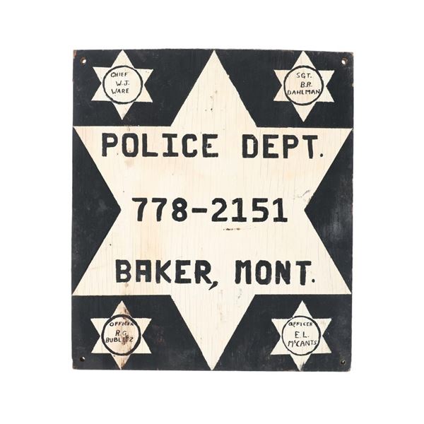 Baker, Montana Police Dept. Wood Sign 1960-1980s
