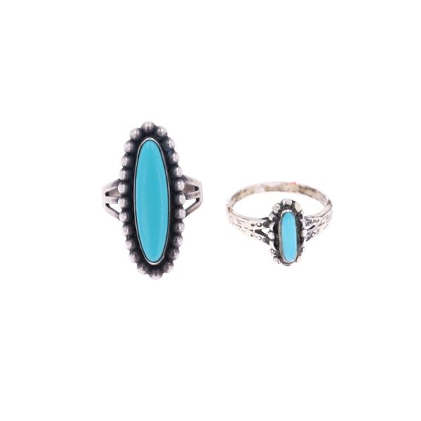 Navajo Sterling Silver Turquoise Ring Pair c 1960s