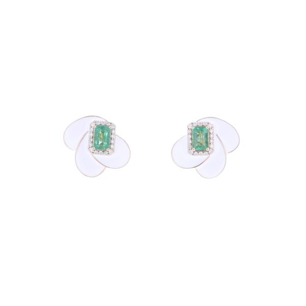 1.28ct Emerald Diamond Enamel 14k Gold Earrings