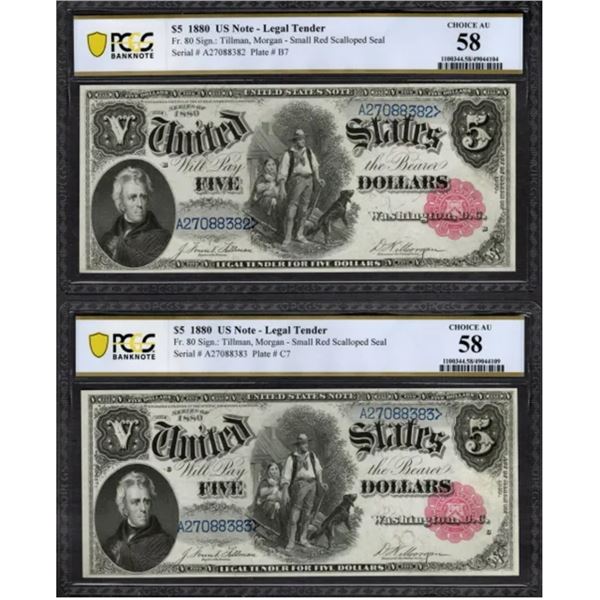 Consecutive 1880 $5 Legal Tender Notes PCGS 58