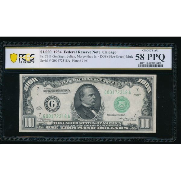 1934 $1000 Chicago FRN PCGS 58PPQ