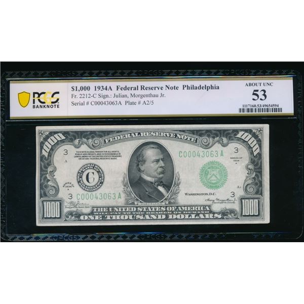 1934A $1000 Philadelphia FRN PCGS 53
