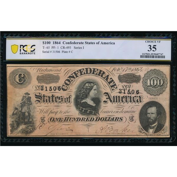1864 $100 T-65 Confederate PCGS 35
