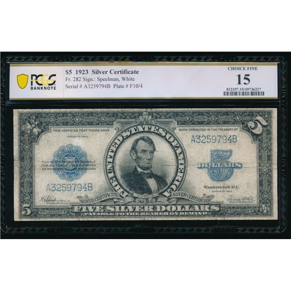 1923 $5 Lincoln Porthole Silver Certificate PCGS 15