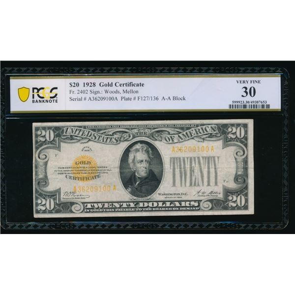 1928 $20 Gold Certificate PCGS 30